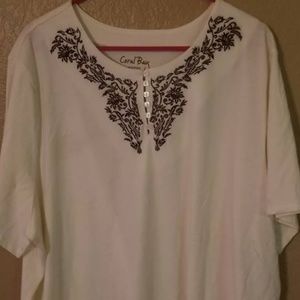 Coral Bay White Brown Embroidered Button Neck 3X
